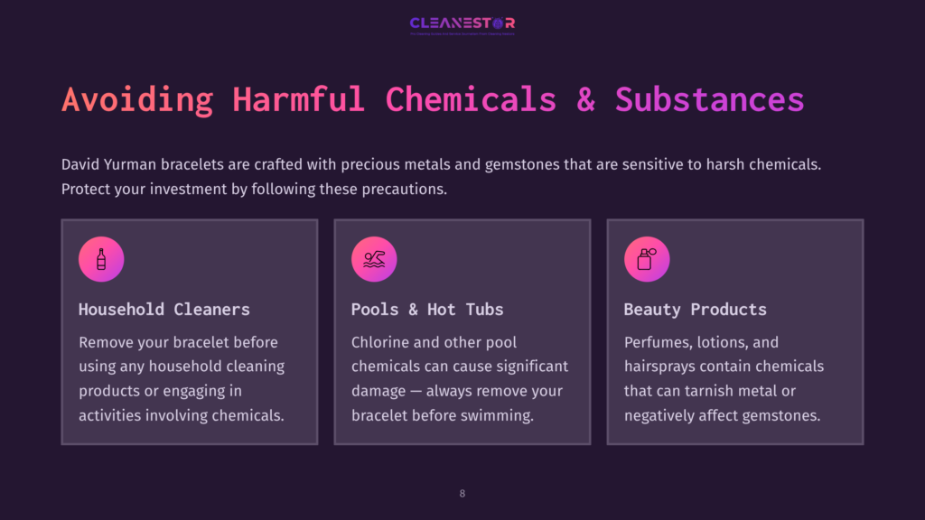Infographic Titled &Quot;Avoiding Harmful Chemicals &Amp; Substances&Quot; With Three Sections: Household Cleaners, Pools &Amp; Hot Tubs, And Beauty Products, Each With An Icon And Descriptive Text About Protecting Jewelry.