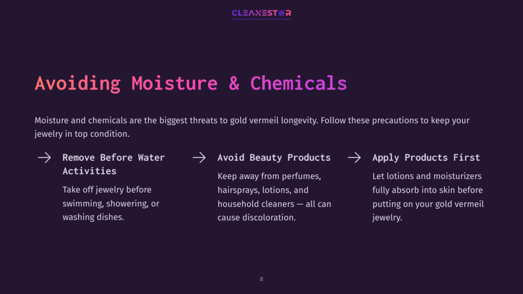 Purple Background With White Text Outlining Tips For Caring For Gold Vermeil Jewelry, Featuring Arrow Icons For Each Step.