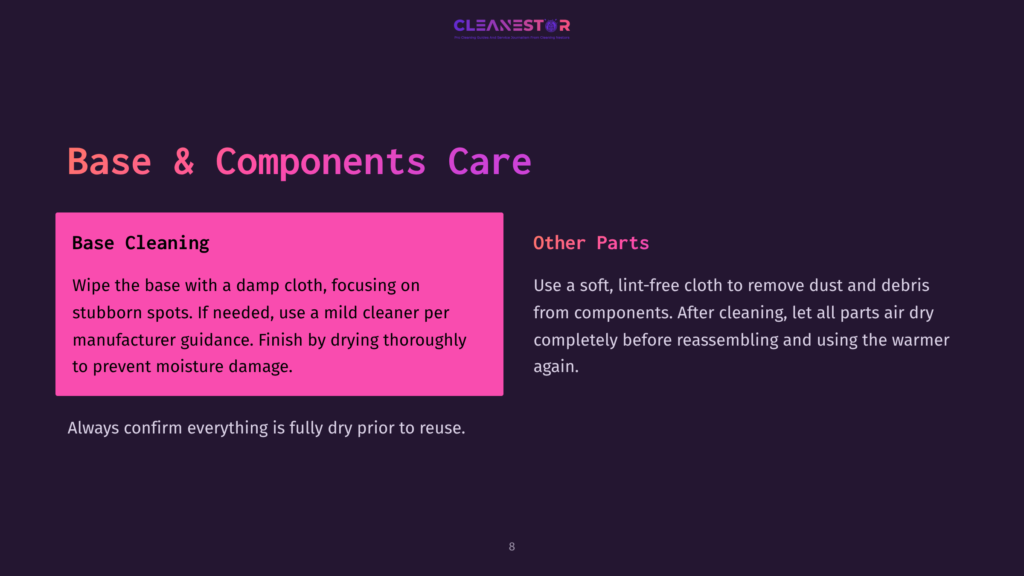 8 Base And Components Care Cleanestor Logo With Text &Quot;Base &Amp; Components Care&Quot; And &Quot;Other Parts&Quot; Instructions For Cleaning And Maintenance.