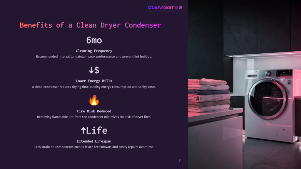 8 Benefits Of A Clean Dryer Condenser Benefits Of A Clean Dryer Condenser Infographic: 6Mo Cleaning Frequency, Lower Energy Bills, Fire Risk Reduced, And ↑Life/Extended Lifespan. A Modern Dryer And Folded Laundry Are Visible In The Background.