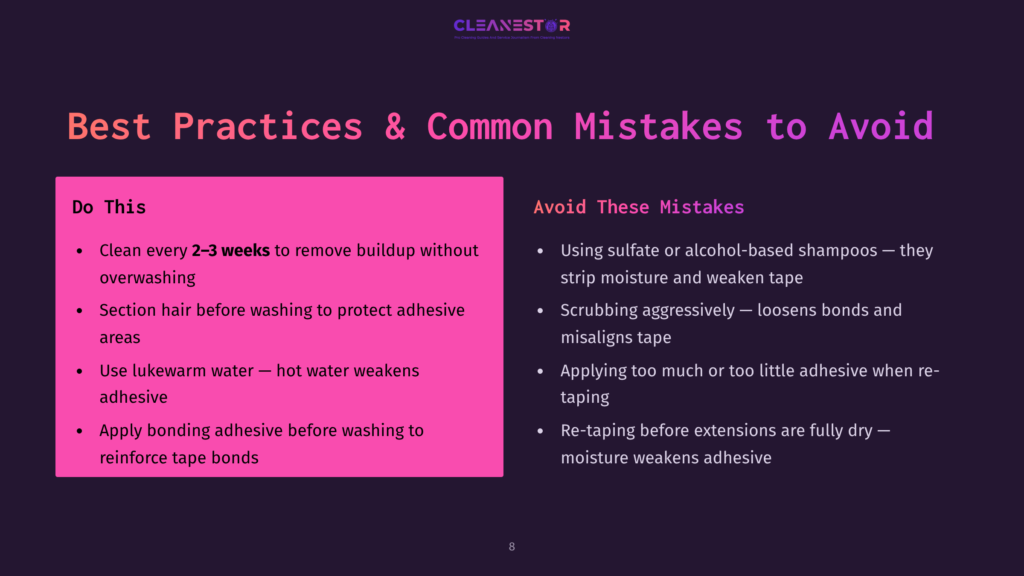 8 Best Practices And Common Mistakes To Avoid A Slide Titled &Quot;Best Practices &Amp; Common Mistakes To Avoid&Quot; With Two Columns: &Quot;Do This&Quot; In A Pink Box And &Quot;Avoid These Mistakes&Quot; In A Dark Background. The &Quot;Do This&Quot; Column Lists Cleaning Tips For Hair Extensions, While The &Quot;Avoid These Mistakes&Quot; Column Lists Improper Washing Techniques.