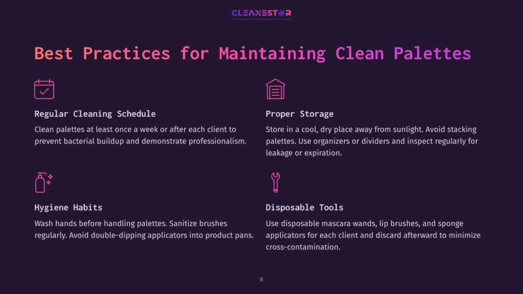 Bullet Points Outlining Best Practices For Cleaning Makeup Palettes, Featuring A Dark Purple Background With White Text Highlights And Icons.