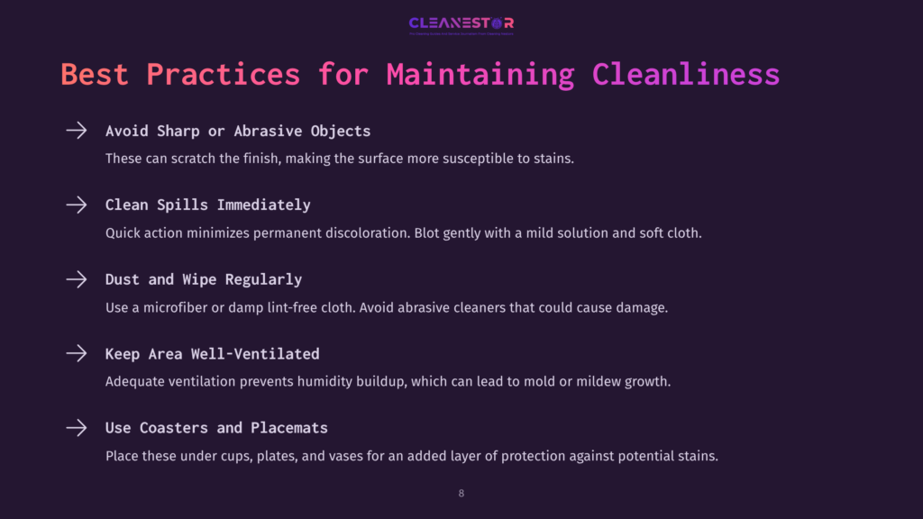 A Dark Purple Slide With The Title &Quot;Best Practices For Maintaining Cleanliness&Quot; And A List Of Five Tips: Avoid Sharp Or Abrasive Objects, Clean Spills Immediately, Dust And Wipe Regularly, Keep Area Well-Ventilated, And Use Coasters And Placemats. The Cleanestor Logo Is At The Top.