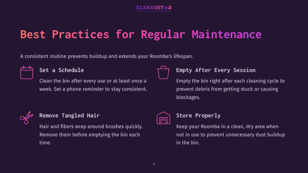 8 Best Practices For Regular Maintenance Title With A Purple Background And White Text Outlining Best Practices For Roomba Maintenance, Including Schedule, Emptying, And Storage Tips.