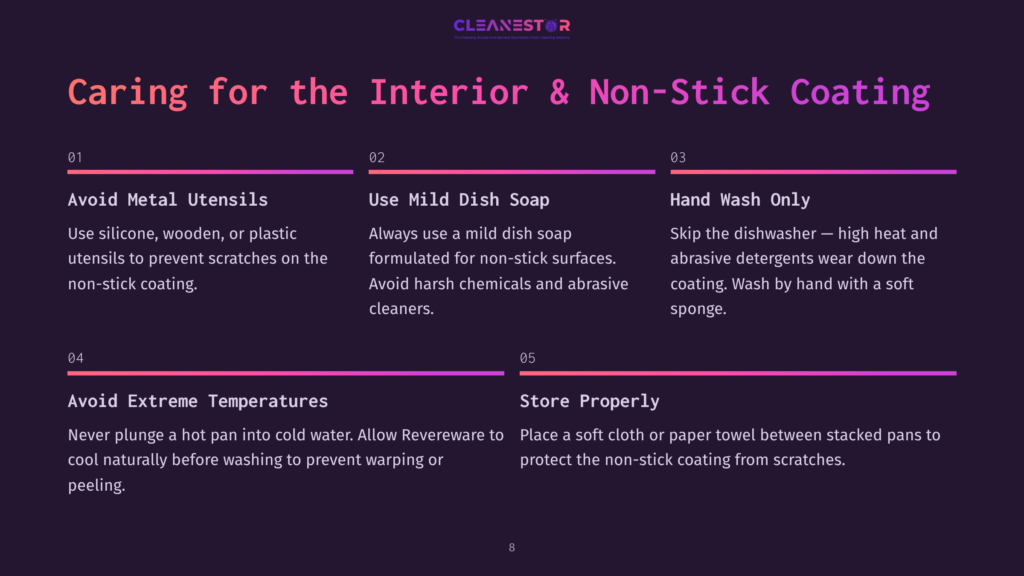 Graphic Listing 5 Tips For Caring For Non-Stick Coating: Avoid Metal Utensils, Use Mild Dish Soap, Hand Wash Only, Avoid Extreme Temperatures, And Store Properly. The Text Is On A Dark Background With Purple And Pink Gradient Accents.