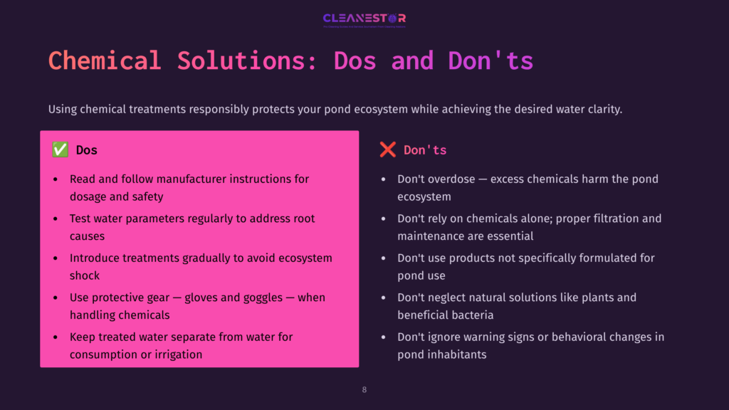 Slide Titled &Quot;Chemical Solutions: Dos And Don'Ts&Quot; From Cleanestor, Outlining Safe Pond Chemical Practices With Bulleted Lists Of &Quot;Dos&Quot; And &Quot;Don'Ts.
