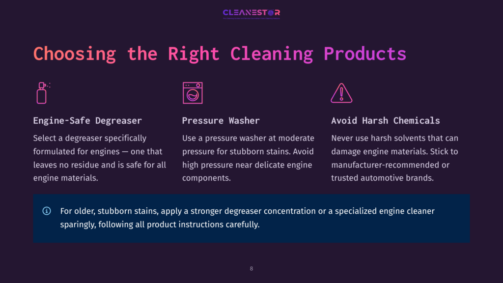 A Dark Background With The Title &Quot;Choosing The Right Cleaning Products.&Quot; Three Icons Represent Engine-Safe Degreaser, Pressure Washer, And Avoid Harsh Chemicals, With Descriptive Text Below Each.