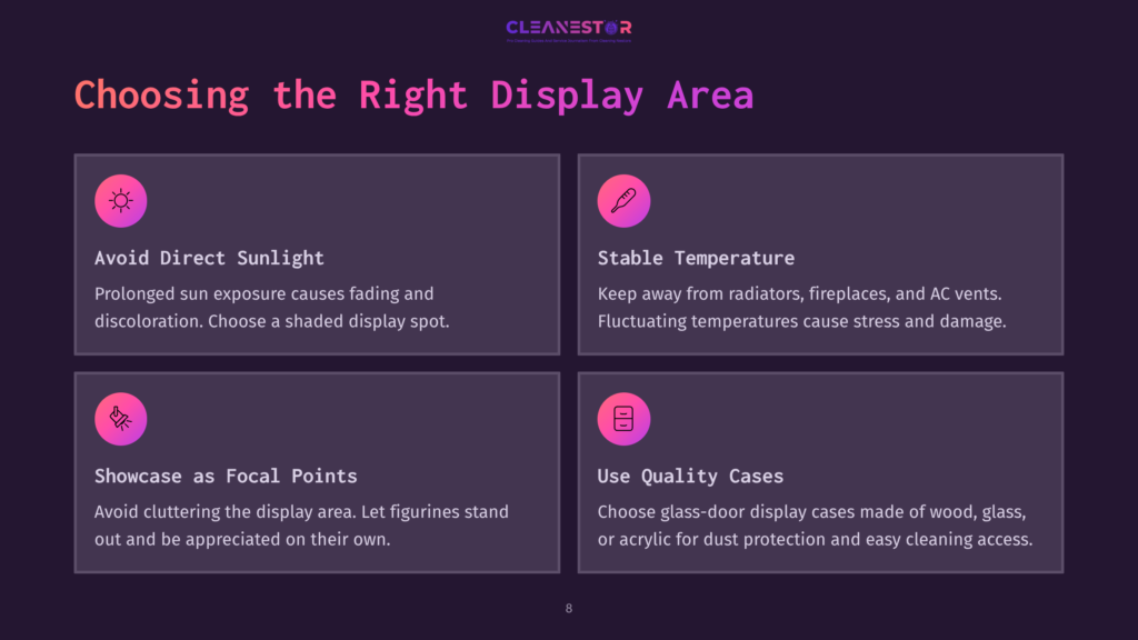 8 Choosing The Right Display Area Display Case Tips: Avoid Direct Sunlight, Extreme Temperatures, And Clutter. Showcase Focal Points And Use Quality Cases For Dust Protection. Text Includes Cleanestor Logo And Display Case Advice.