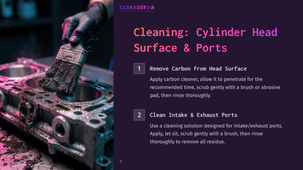 A Metal Brush Scrubbing A Cast Iron Cylinder Head With A Shiny Surface, Alongside Instructions In Purple And Pink Text For Cleaning.