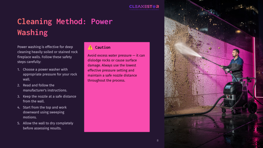 A Person Using A Power Washer To Clean A Rock Fireplace Wall, With Water Spray And Debris Visible. The Background Features A Textured Rock Surface.