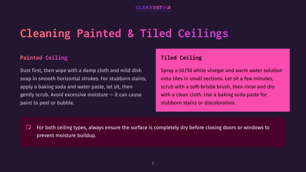 Graphic Featuring Cleaning Instructions For Painted And Tiled Ceilings, With Text In Pink And White Over A Dark Background And Icons Illustrating Methods.