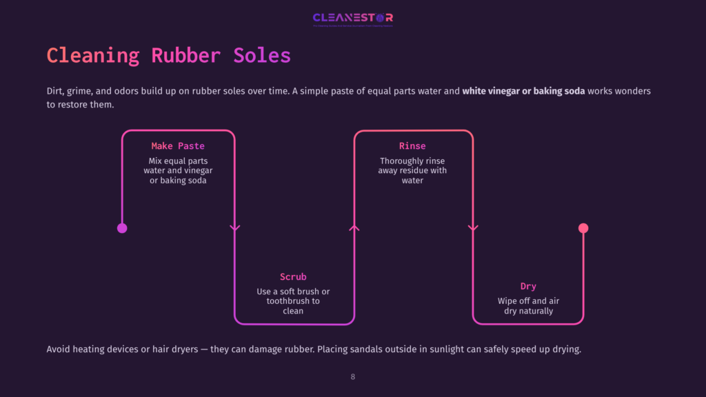 Flowchart Illustrating Steps To Clean Rubber Soles: Mix Paste, Scrub, Rinse, And Dry; Features Purple Background With White And Pink Text.