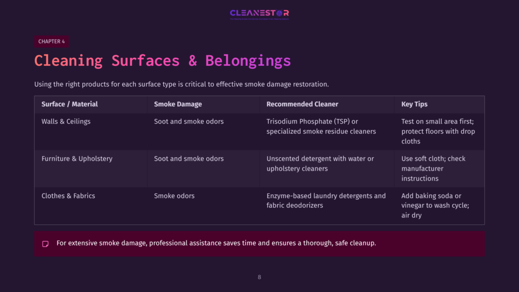 Table Showing Cleaning Surfaces And Belongings After Smoke Damage, With Recommended Cleaners And Key Tips For Walls, Furniture, And Clothes.