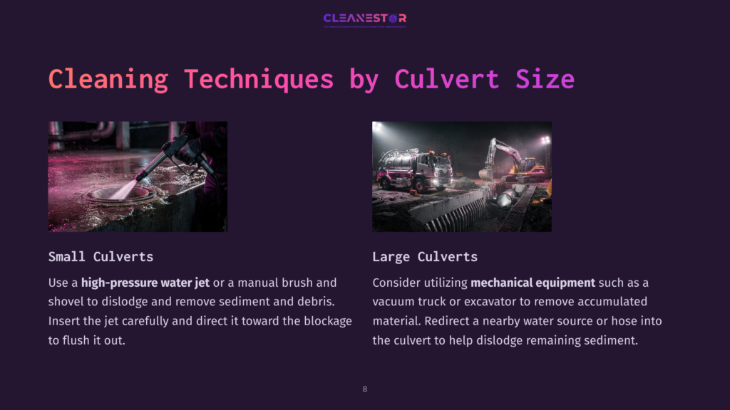 Two Images Illustrate Cleaning Techniques For Culverts: One Showing A Brush And Water Jet, The Other Featuring Heavy Machinery In Action.