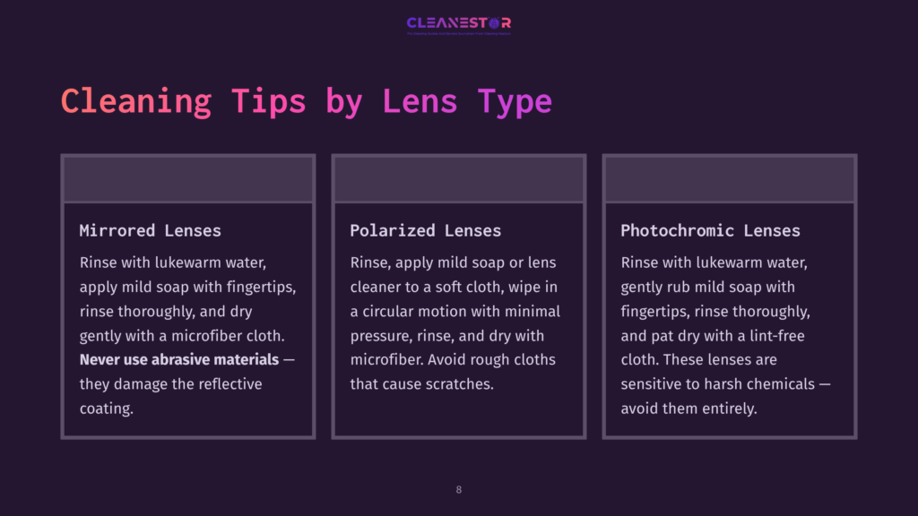 Three Columns Display Cleaning Tips For Different Lens Types: Mirrored, Polarized, And Photochromic, With Purple Backgrounds And White Text.