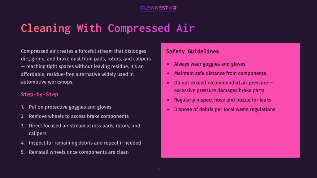 Pink And Purple Slide With Safety Guidelines For Cleaning Brakes Using Compressed Air, Featuring Step-By-Step Instructions And Visuals.