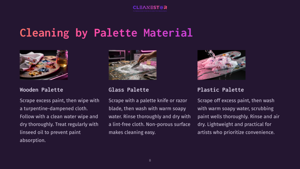 Three Palettes For Cleaning: A Wooden Palette With Art Supplies, A Glass Palette With Paint And A Knife, And A Plastic Palette With Soapy Water.