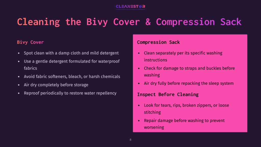 Instructions For Cleaning A Bivy Cover And Compression Sack With Steps And Tips Highlighted In Pink And White Text On A Blue Background.