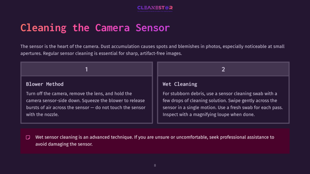 Illustration Of A Camera Sensor Cleaning Guide With Numbered Steps, Featuring A Blower And Cleaning Tools On A Dark Background.