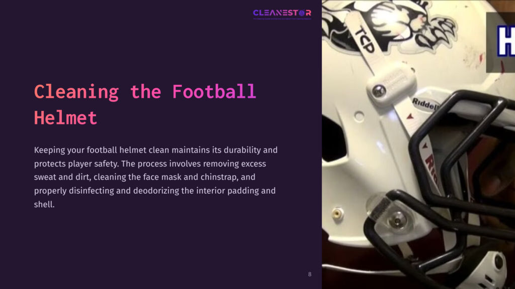 White Football Helmet With A Black Face Mask, Featuring A Team Logo, Against A Dark Purple Background With Instructional Text.