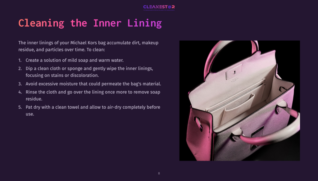 A Stylish Pink Michael Kors Bag With A Structured Design, Showcasing The Inner Lining'S Texture, Placed On A Dark Background.