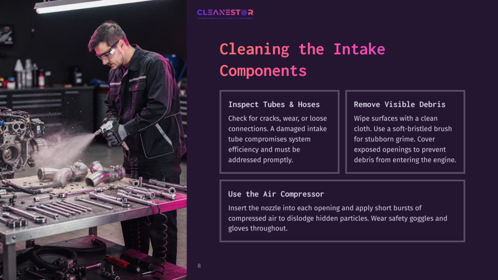 A Mechanic In A Workshop Cleans Air Intake Components, Surrounded By Tools On A Pink Workbench And Detailed Instructions On The Side.