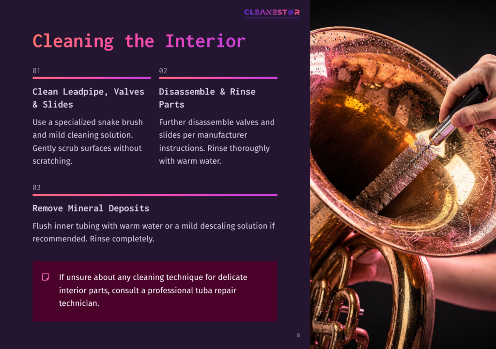 Close-Up Of A Tuba With Shiny Brass Finish, Partially Disassembled, Surrounded By Cleaning Tools And Instructions On A Purple Background.