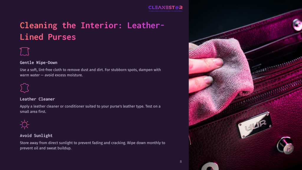 A Close-Up Of A Hand Gently Wiping The Inside Of A Luxurious Dark Brown Leather Purse With A Soft Purple Cloth. The Purse Interior Features Multiple Zippered Compartments, And A Subtle &Quot;Lvr&Quot; Logo Is Visible On A Silver Metal Plate.