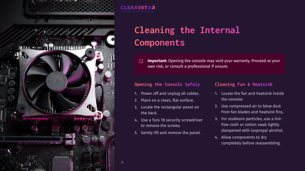 Close-Up Of An Xbox Series X Motherboard And Cooling Fan, With Instructions For Cleaning Internal Components Highlighted In Bold Text.