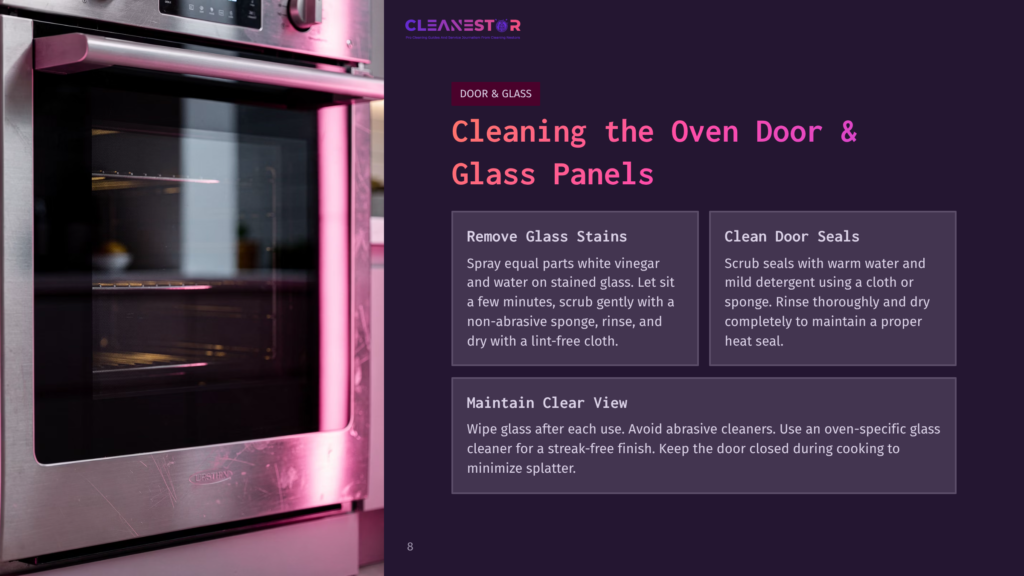 Cleanestor Guide To Cleaning Oven Doors And Glass Panels, Showing A Clean Oven Door And Text Instructions For Removing Glass Stains And Cleaning Door Seals.