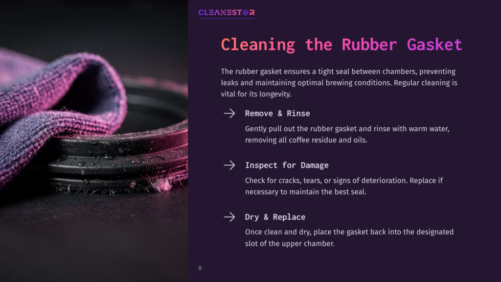 Close-Up Of A Black Rubber Gasket With A Purple Background, Alongside Steps For Cleaning And Maintaining It For A Bialetti Coffee Maker.