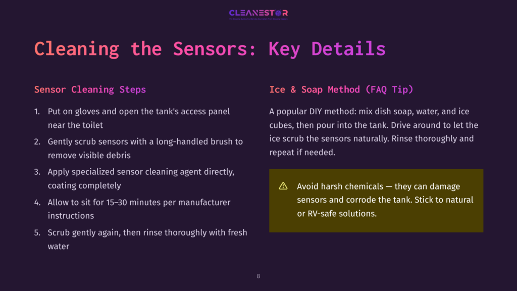 Slide Titled &Quot;Cleaning The Sensors: Key Details&Quot; With Instructions For Sensor Cleaning And Ice &Amp; Soap Method, Including A Warning About Harsh Chemicals.
