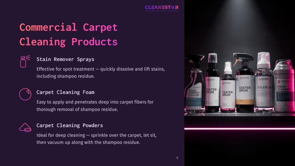 A Variety Of Carpet Cleaning Products Displayed, Including Sprays, Foams, And Powders, Against A Dark Background With Purple Lighting.
