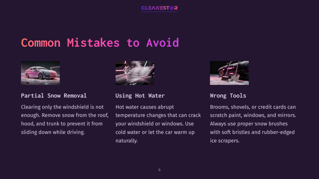 Text On A Dark Background Lists Common Snow Removal Mistakes, Featuring Icons Of A Car Covered In Snow, A Hot Water Jug, And Tools.