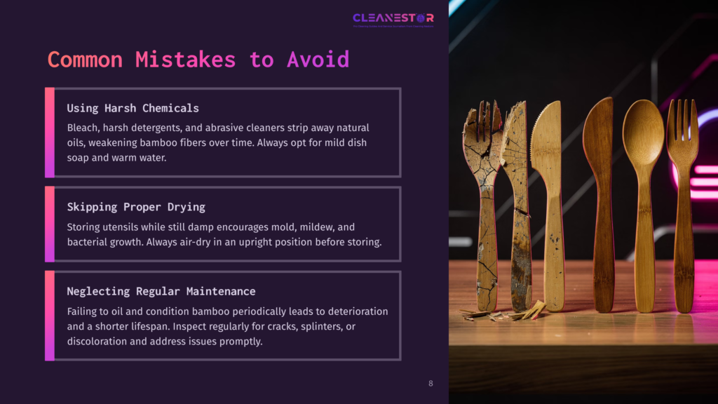A Collage Of Wooden Bamboo Utensils Displayed On A Table, With Highlighted Tips On Avoiding Common Mistakes For Their Care In Bold Text.