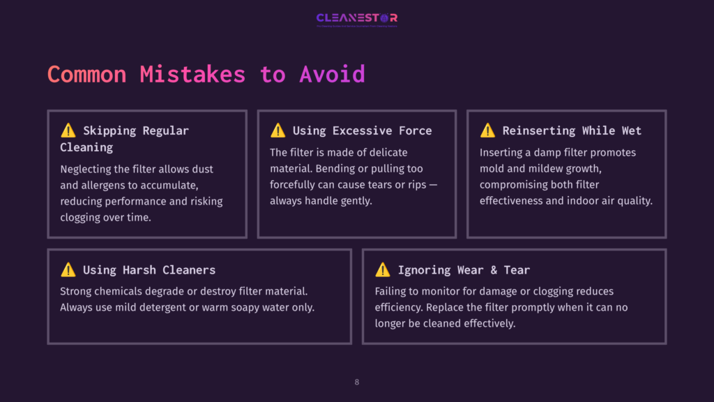 8 Common Mistakes To Avoid 3 Purple Background With White Text Outlining Common Mistakes When Cleaning An Aprilaire Dehumidifier Filter, Highlighted By Caution Symbols.