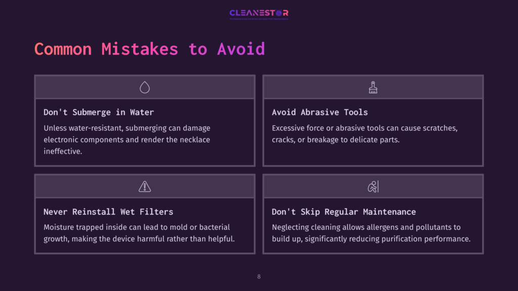Textual Graphic With A Purple Background Listing Common Mistakes To Avoid When Cleaning An Air Purifier Necklace, With Icons For Each Point.