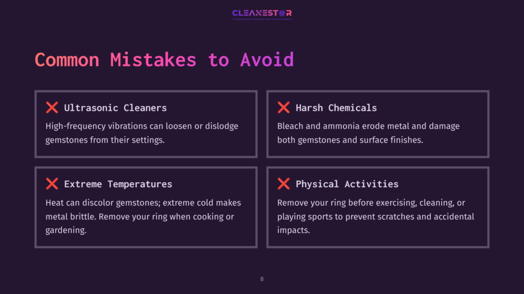 A Purple Background With White Text Lists Common Mistakes To Avoid When Cleaning A David Yurman Ring, Featuring Red X Icons For Emphasis.