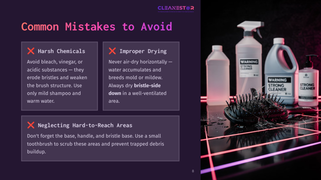 8 Common Mistakes To Avoid 7 Cleanestar Logo Above A Graphic Detailing Common Mistakes To Avoid When Cleaning Hairbrushes, With A Product Shot Of Cleaning Bottles And A Hairbrush In The Background.