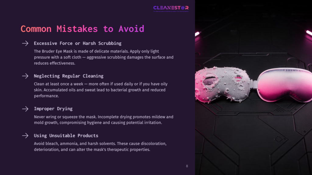 A White Bruder Eye Mask With Textured Fabric And Pink Accents Sits On A Dark, Futuristic Surface. The Mask Is Designed For Therapeutic Use, As Detailed In The Accompanying Text About Common Mistakes To Avoid When Cleaning It.