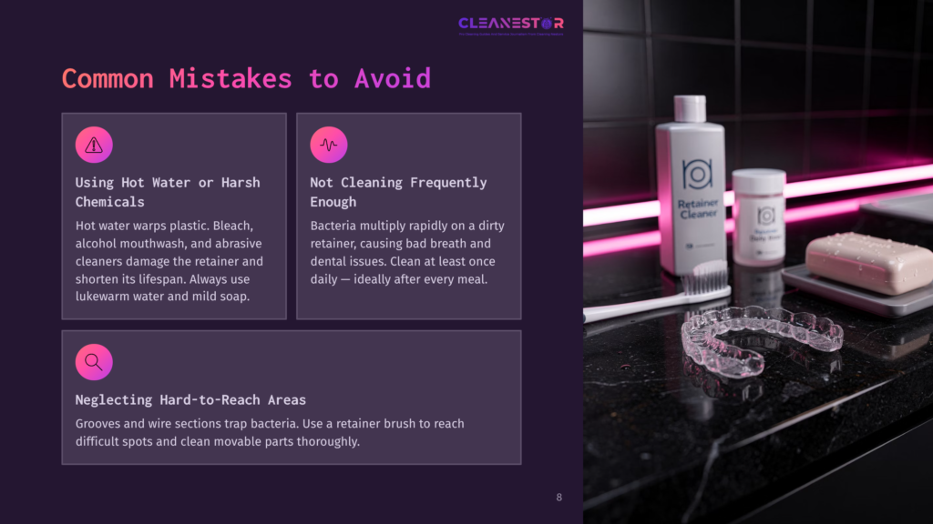 Cleanestor Retainer Cleaner Bottle And Cleaning Supplies On A Dark Countertop, Next To Clear Retainers. The Image Highlights Common Mistakes To Avoid When Cleaning Retainers.