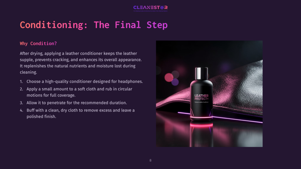 A Bottle Of Cleanestor Leather Protect+ Conditioner Sits On A Dark Surface Next To A Black Leather Jacket, Illuminated By Vibrant Pink And Purple Lighting.