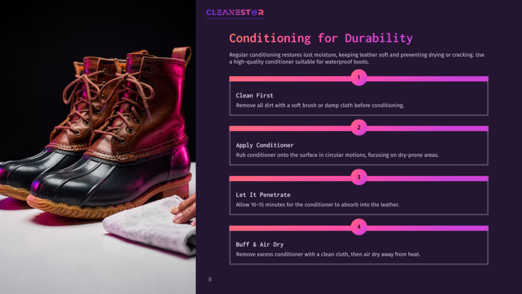 8 Conditioning For Durability Brown Leather And Black Rubber Duck Boots On A Table Alongside A Damp Cloth, With Numbered Steps For Conditioning And Care Instructions.