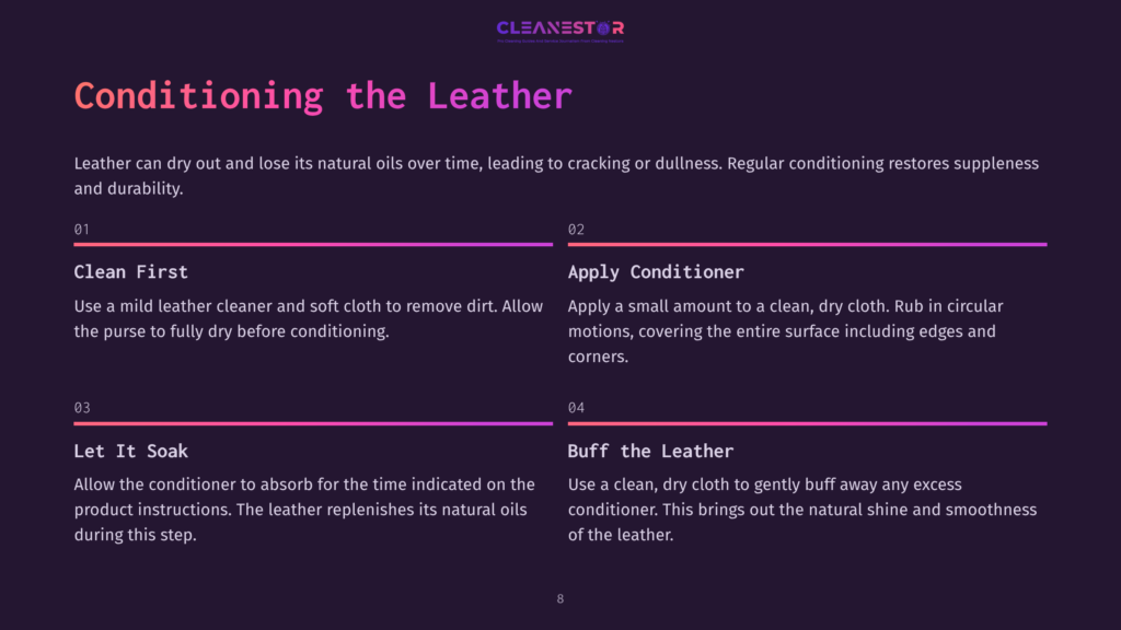 Instructional Graphic Outlining Steps For Conditioning Leather, Featuring Bold Headings, Numbered Steps, And A Purple And White Color Scheme.