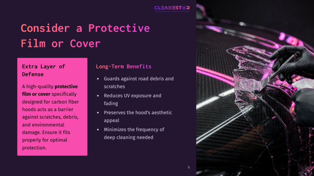 Close-Up Of Hands In Black Gloves Applying A Protective Film To A Car Hood. The Film Has A Textured, Carbon Fiber Appearance, With Water Droplets Visible. Text Overlay Reads &Quot;Cleanestar&Quot; And &Quot;Consider A Protective Film Or Cover.
