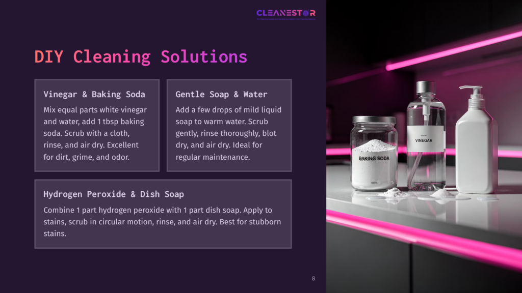 A Glass Jar Labeled &Quot;Baking Soda,&Quot; A Bottle Of Vinegar, And Dish Soap On A Counter, With Pink Neon Lights In The Background.