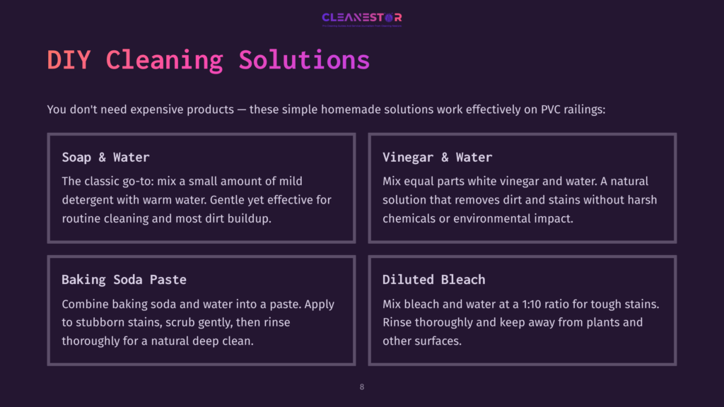 Diy Cleaning Solutions For Pvc Railings: Soap &Amp; Water, Baking Soda Paste, Vinegar &Amp; Water, And Diluted Bleach Recipes Are Shown In Four Distinct Panels.