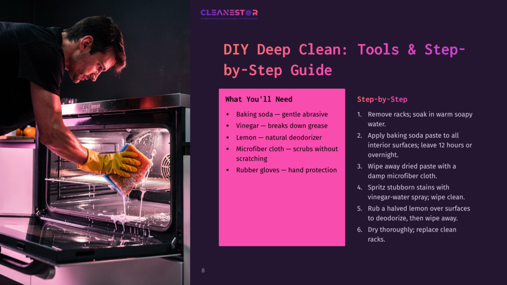 A Man In Yellow Gloves Cleans An Oven Interior With A Sponge, Following A Diy Deep Clean Guide With Steps Like Using Baking Soda And Vinegar.