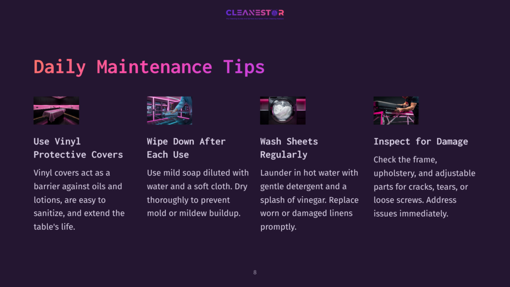 Tips For Maintaining A Massage Table, Featuring Bright Pink Text On A Purple Background With Illustrations Of Cleaning Supplies And Linens.