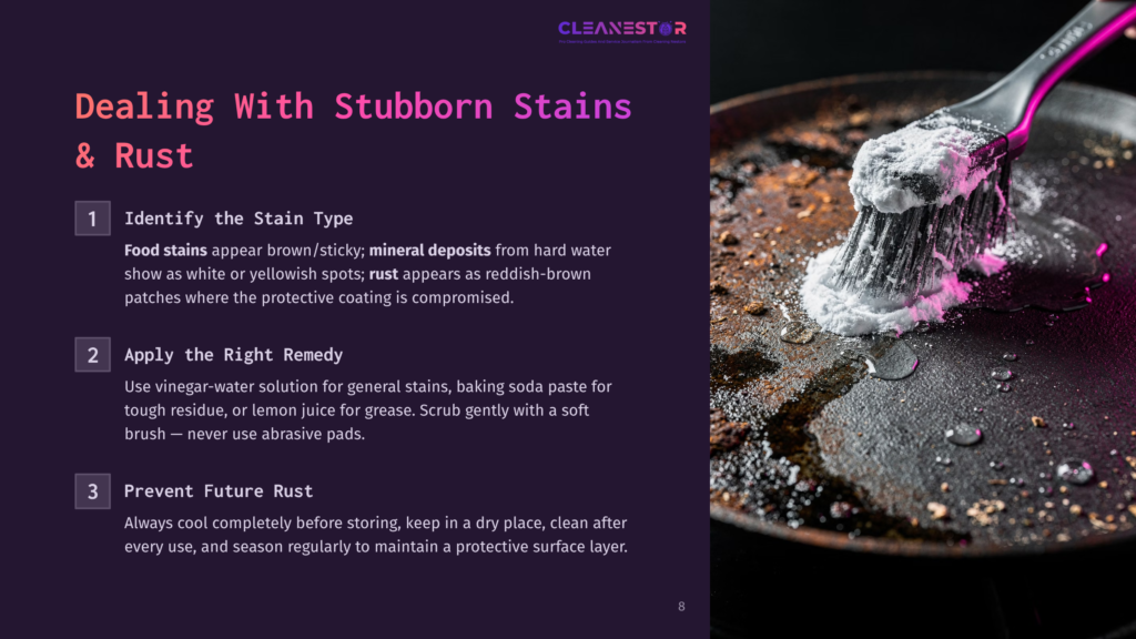 A Cleaning Brush With White Powder On Its Bristles Is Scrubbing A Cast Iron Pan With Stubborn Rust And Stains. Text Overlay Reads: &Quot;Dealing With Stubborn Stains &Amp; Rust&Quot;.